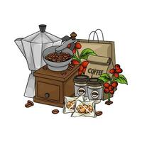 grinder, cup drink, paperbag, coffee bean with coffee fruit  illustration vector