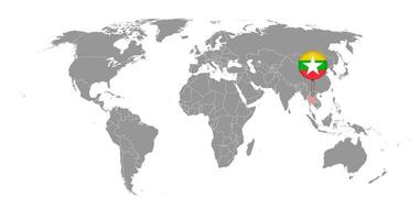 pin mapa con la bandera de myanmar en el mapa mundial. ilustración vectorial vector