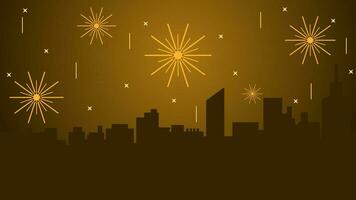 New year cityscape vector illustration. Scenery of city with sparkling fireworks in new year event. City landscape for illustration, background or wallpaper. City silhouette in the firework festival