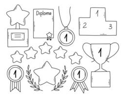 Set of premium awards icons in doodle style. Vector illustration. Linear awards, trophies, cups and diplomas.