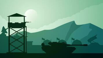 Military base landscape vector illustration. Silhouette of at military base with tank and watchtower. Military landscape for background, wallpaper or illustration. Barrack army and turret gun