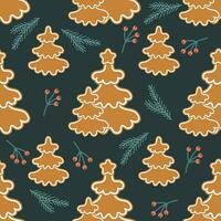 Christmas Seamless pattern of gingerbread trees and holly berries. Festive background in flat cartoon style. Vector