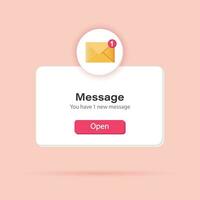 3d new message. Popup page with floating envelope. Social media, business event planning, reminder. Web icon, button, vector