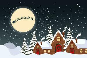 invierno paisaje con linda casas y Papa Noel en un trineo con reno en noche cielo. alegre Navidad saludo tarjeta modelo. ilustración en plano estilo. vector