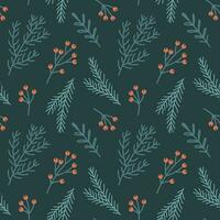 Christmas seamless pattern with Christmas tree branches and holly and rowan berries. New Year's design. Background, print, vector