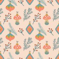 Christmas seamless pattern with Christmas tree decorations and twigs. New Year's design. Background, print, vector