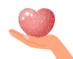 Luxurious shiny pink heart in a female hand. Illustration, valentine, wedding icon, vector