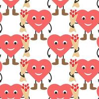 Seamless pattern, funny heart characters with a bouquet of flowers. Festive background, vector