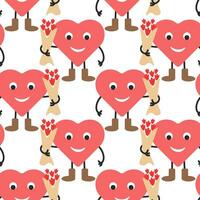 Seamless pattern, funny heart characters with a bouquet of flowers. Festive background, vector