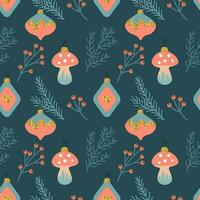 Christmas seamless pattern with Christmas tree decorations and twigs. New Year's design. Background, print, vector