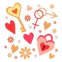 San Valentín día garabatear colocar, corazón cerrar con llave, llave, masculino y hembra señales. decoración elementos, vector