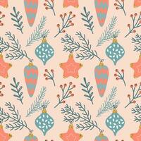 Christmas seamless pattern with Christmas tree decorations and twigs. New Year's design. Background, print, vector