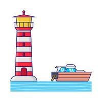 boat in sea with mercusuar illustration vector