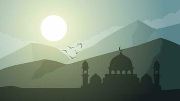 Ramadan landscape silhouette in the night vector illustration. Ramadan scenery design graphic in muslim culture and islam religion. Mosque landscape illustration, background or wallpaper