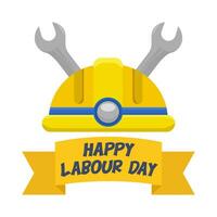 happy labour day in ribbon, helmet labour with wrench tools   illustration vector