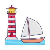 boat in sea with mercusuar illustration vector