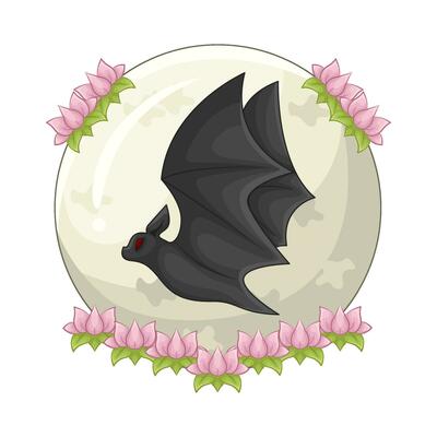 bat fly with flower in full moon illustration