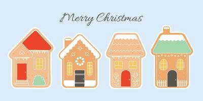 Gingerbread houses sticker set on light blue background. Merry Christmas invitation card. Vector illustration