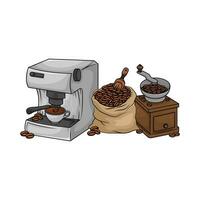 grinder, coffee ebans with coffee drink in coffee maker illustration vector