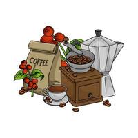 grinder, coffee fruit, coffee drink with paperbag illustration vector
