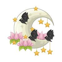 flower in moon, star with bat fly illustration vector