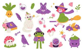 Set of cartoon magical elements and characters. Vector flat illustration.