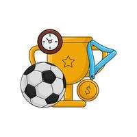 fútbol pelota, trofeo, medalla con reloj hora ilustración vector