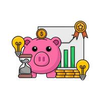 cerdito banco, reloj de arena gráfico gráfico en papel, dinero moneda con lámpara idea ilustración vector