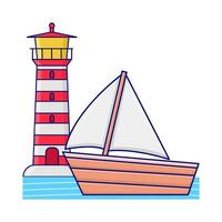 boat in sea with mercusuar illustration vector