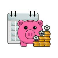 cerdito banco, dinero moneda, proteccion con calendario ilustración vector