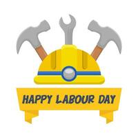 happy labour day in ribbon, helmet labour, wrench tools  with hammer illustration vector