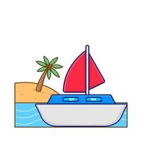 boat in beach with palm tree illustration vector