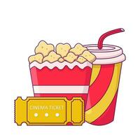 Palomitas, bebida con boleto cine ilustración vector