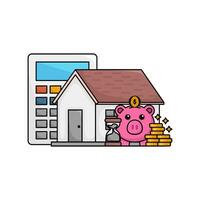 cerdito banco, dinero moneda, reloj de arena, hogar con calculadora ilustración vector