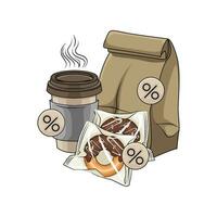 donut in plastic, package, cup drink with sale in button illusration vector