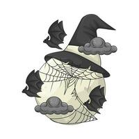 hat witch in full moon, spider, bat fly with cloud illustration vector