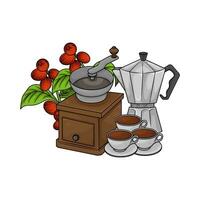 grinder, coffee drink, teapot with coffee  fruit illustration vector