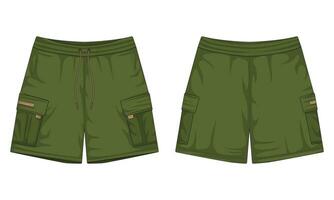 Modern army green shorts mockup front and back view vector