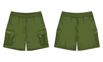 Modern army green shorts mockup front and back view vector