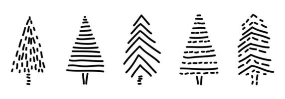 Doodle fir tree set. Hand drawn various Christmas trees isolated on a white background. Vector illustration