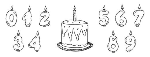 Doodle Birthday cake with burning candles, numbers. Simple vector hand drawn illustration for birthday card, greeting, posters, recipe, culinary design
