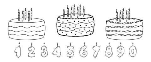 Doodle birthday cakes with candle numbers. Three different cakes and hand drawn numeral icons. Vector illustration in sketch style