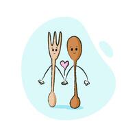 Cute characters of fork and spoon who holding hands for Valentine's day and more. Best for postcard, stickers and more designs vector