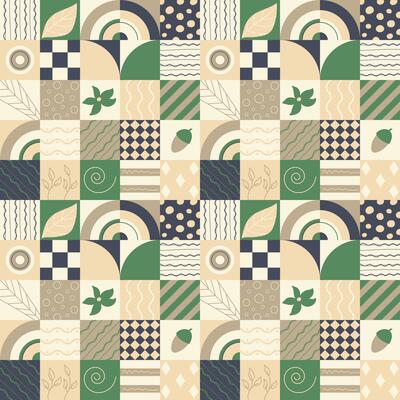 Seamless pattern with geometric forms and doodles leaf, acorn, flower of green beige color