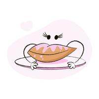 Cute character of doughnut with strawberry cream on a plate for Valentine's day and more. Best for postcard, stickers and more designs vector