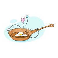 Cute character of frying pan with egg and heart for Valentine's day and more. Best for postcard, stickers and more designs vector