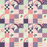 Seamless pattern with geometric forms and doodles leaf, acorn, flower of pink-violet color vector