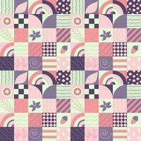 Seamless pattern with geometric forms and doodles leaf, acorn, flower of pink-violet color vector