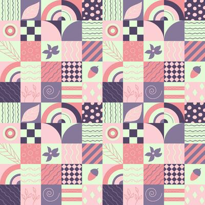 Seamless pattern with geometric forms and doodles leaf, acorn, flower of pink-violet color