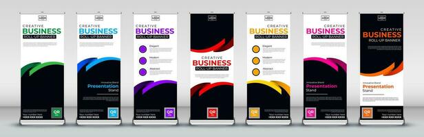 Roll up banner design template for business events, annual meetings, presentations, marketing, promotions, with red, blue, green, orange, pink, yellow and purple print ready colors vector